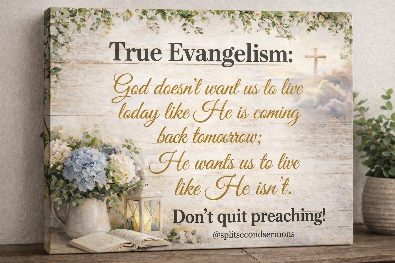 True Evangelism: God doesn't want us to live today like He is coming back tomorrow; He wants us to live like He isn't. Don't quit preaching!