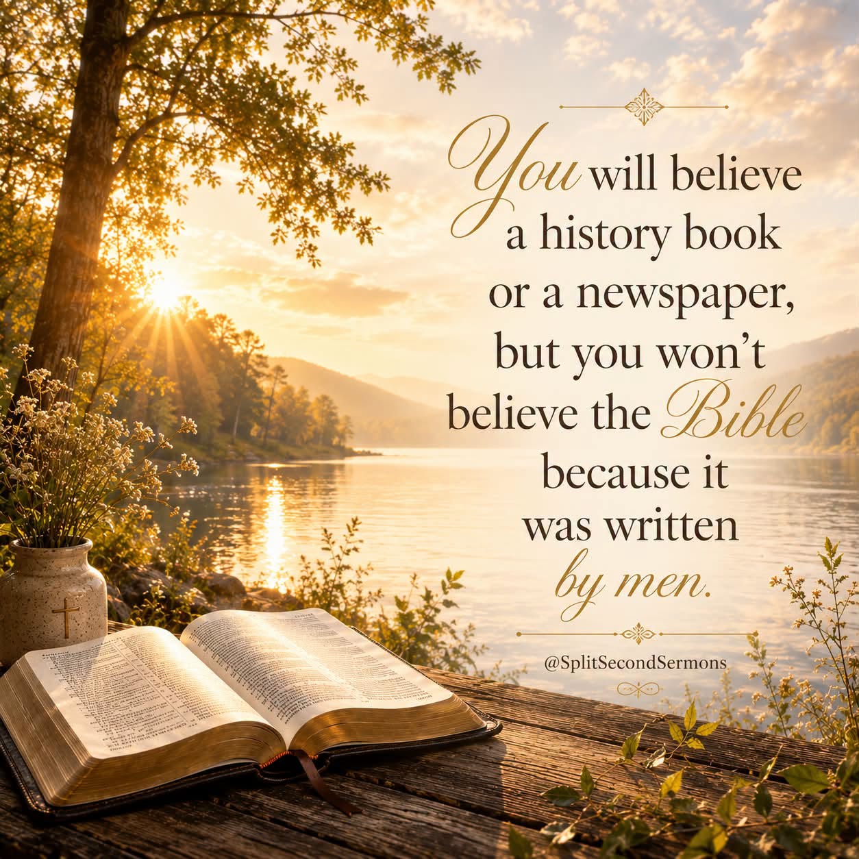 You will believe a history book or a newspaper, but you won't believe the Bible because it was written by men.