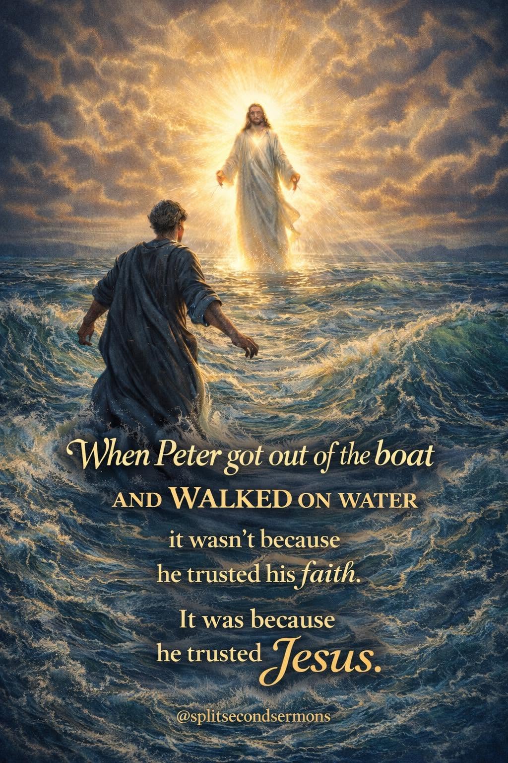 When Peter got out of the boat and walked on water, it wasn't because he trusted his faith. It was because he trusted Jesus.